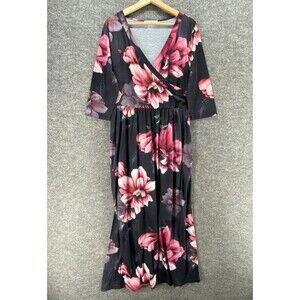 Nemidor Dress Women 16 Black Floral Maxi Long V-Neck 3/4 Sleeve Casual Stretch